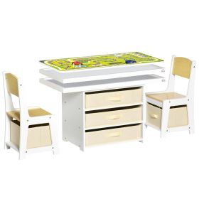 Qaba 3-Piece Kids Table & Chair Set, Writing Desk with 2-in-1 Desktop Brick Table & Road Map, Storage Drawers for Toddler Activities