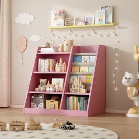 Pink Wooden Toy Storage Organizer Cabinet Kids Bookshelf Children Bookcase Toddler Baby Sling Book Rack Adjustable Shelf for Playroom Bedroom Nur