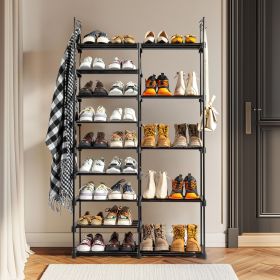 Double Row 9 Tier Shoe Rack with Handles Non Woven Fabric Shoe Organizer with Sturdy Iron Tubes PP Pads and Plastic Connectors Space Saving Close (Color: Black)