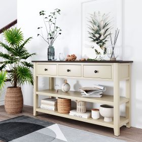 Retro Design Console Table with Two Open Shelves, Pine Solid Wood Frame and Legs for Living Room (Color: Beige)