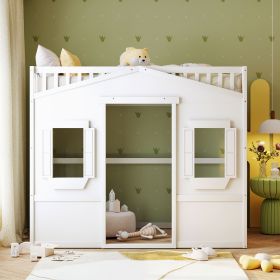 Twin Size House Loft Bed With Ladder (Color: White)