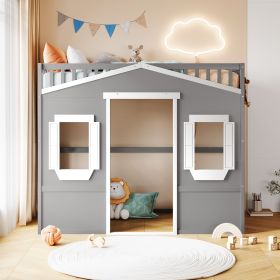 Twin Size House Loft Bed With Ladder (Color: gray+White)