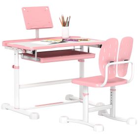 Qaba Kids Desk and Chair Set, Height Adjustable Kids School Study Desk and Chair Set with Tilt Desktop, Storage Drawer & Book Stand for Writing (Color: as Pic)