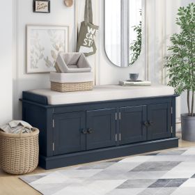 Storage Bench with 4 Doors and Adjustable Shelves,Shoe Bench with Removable Cushion for Living Room,Entryway (Color: Antique Navy, Material: Solid Wood)